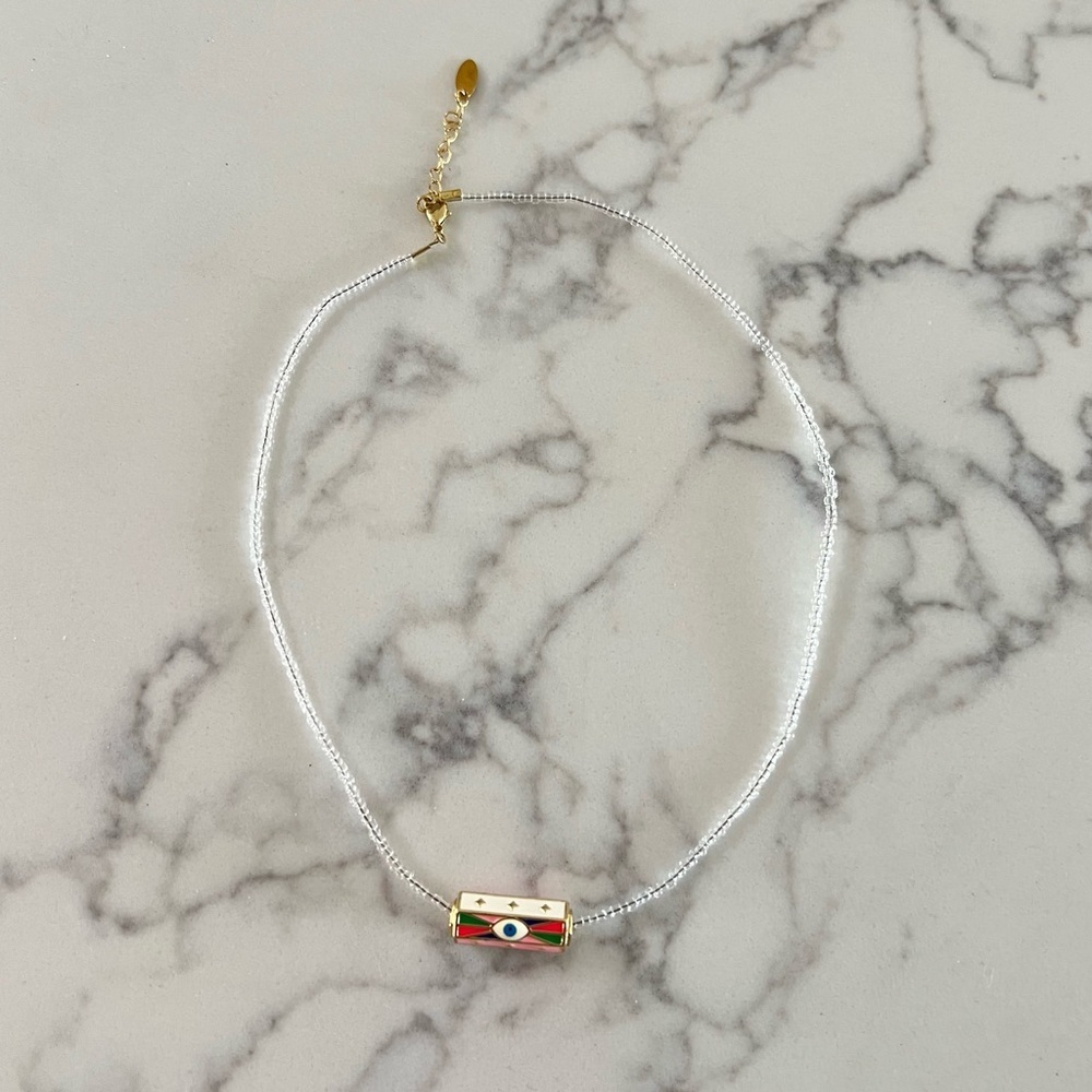 Evil Eye Enamel Seed Beaded Necklace – Multicolor Barrel Charm